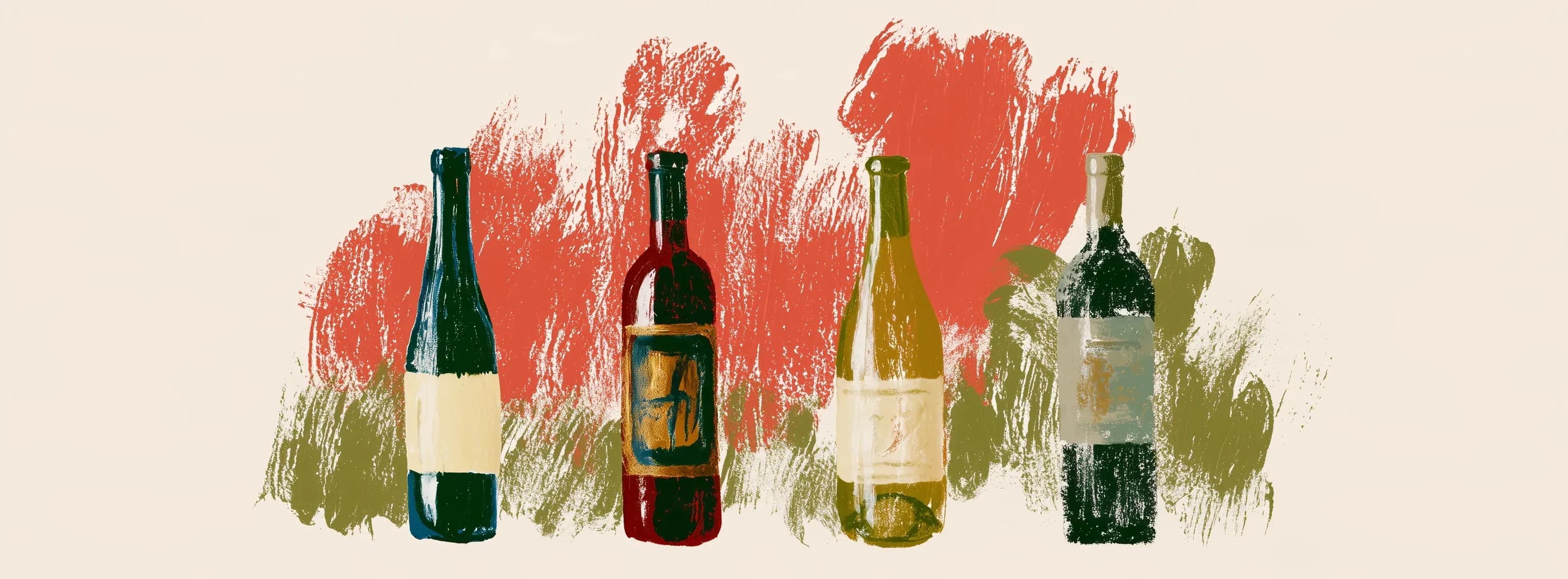 The four Veloria wines painted in a row against red and olive brushstrokes, from the left: Rosso, Bellandi Riserva, Luna Bianca and Vecchia Vigna.