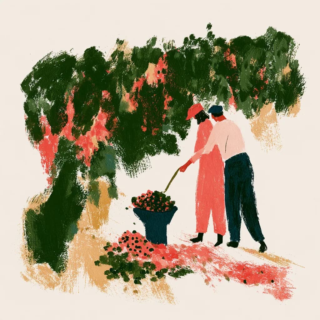 Two pickers in the vines, one up a ladder in the canopy and one filling a bucket below.