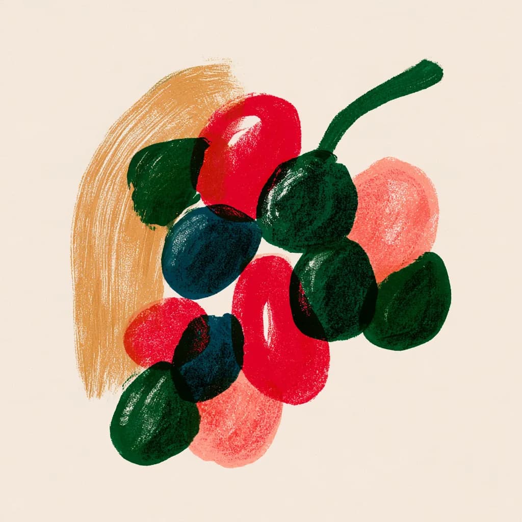 A painted bunch of grapes, dark and red against a band of ochre.