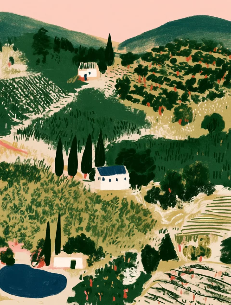 A painted view across the valley: planted rows and olive trees on the far slope, cypresses along a track, white farm buildings and a pond below.