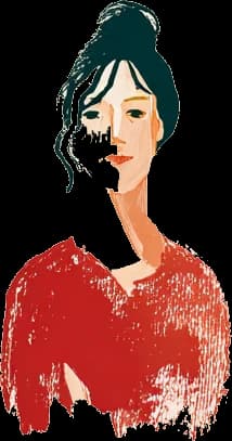 A painted portrait of a woman with dark hair pinned up, in red.