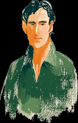 A painted portrait of a dark-haired man in a deep green shirt.