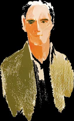 A painted portrait of an older man with white hair in an olive jacket.