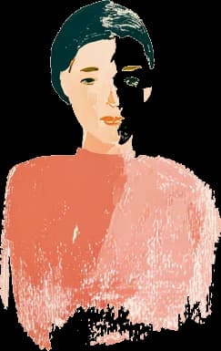 A painted portrait of a young woman with short dark hair, in coral.
