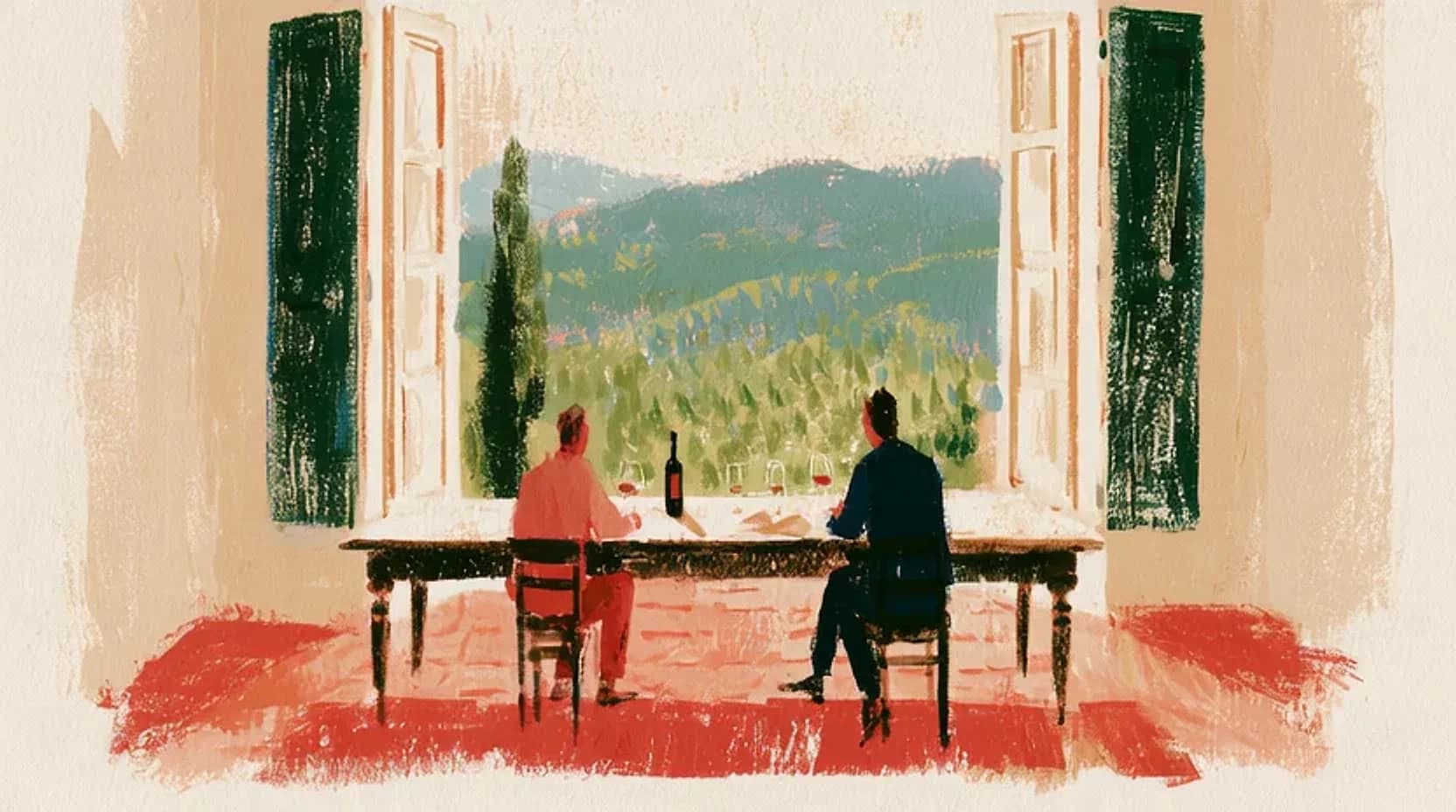 The tasting room: two people at the long wooden table, shutters thrown open on the hills beyond.
