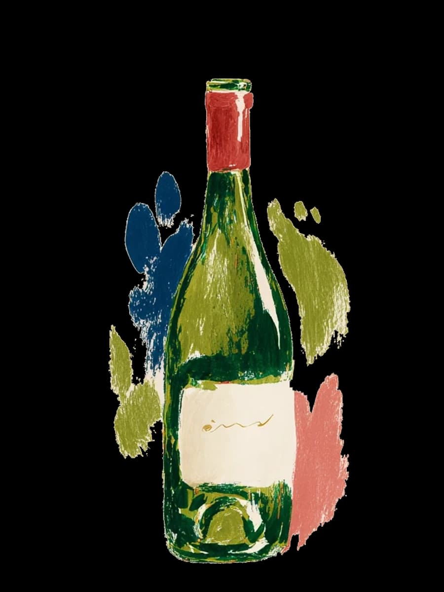 A painted bottle of pale olive glass with a plain cream label, against soft blue and olive leaves.