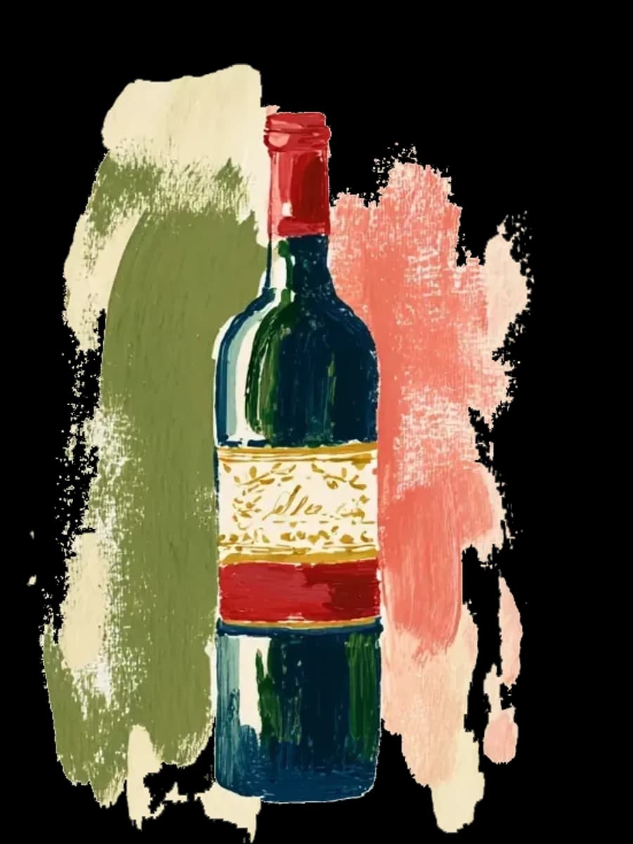 A painted deep red bottle with a gold and dark label banded in red.