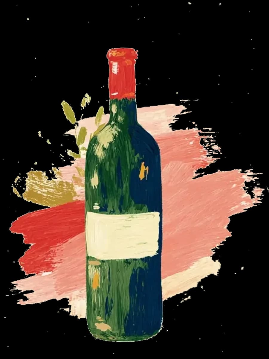A painted dark green bottle with a plain cream label, against a coral brushstroke.