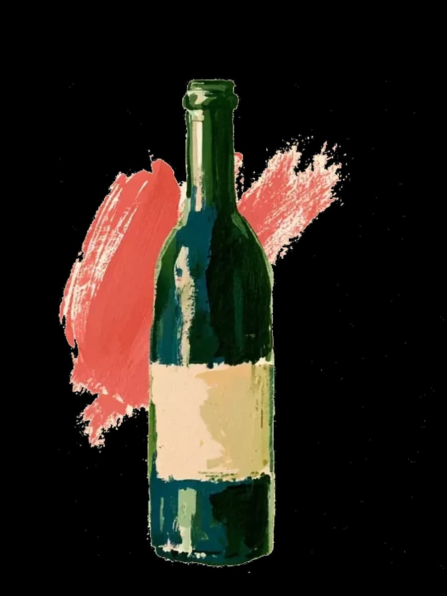 A painted dark bottle with a faded, muted label against a coral brushstroke.