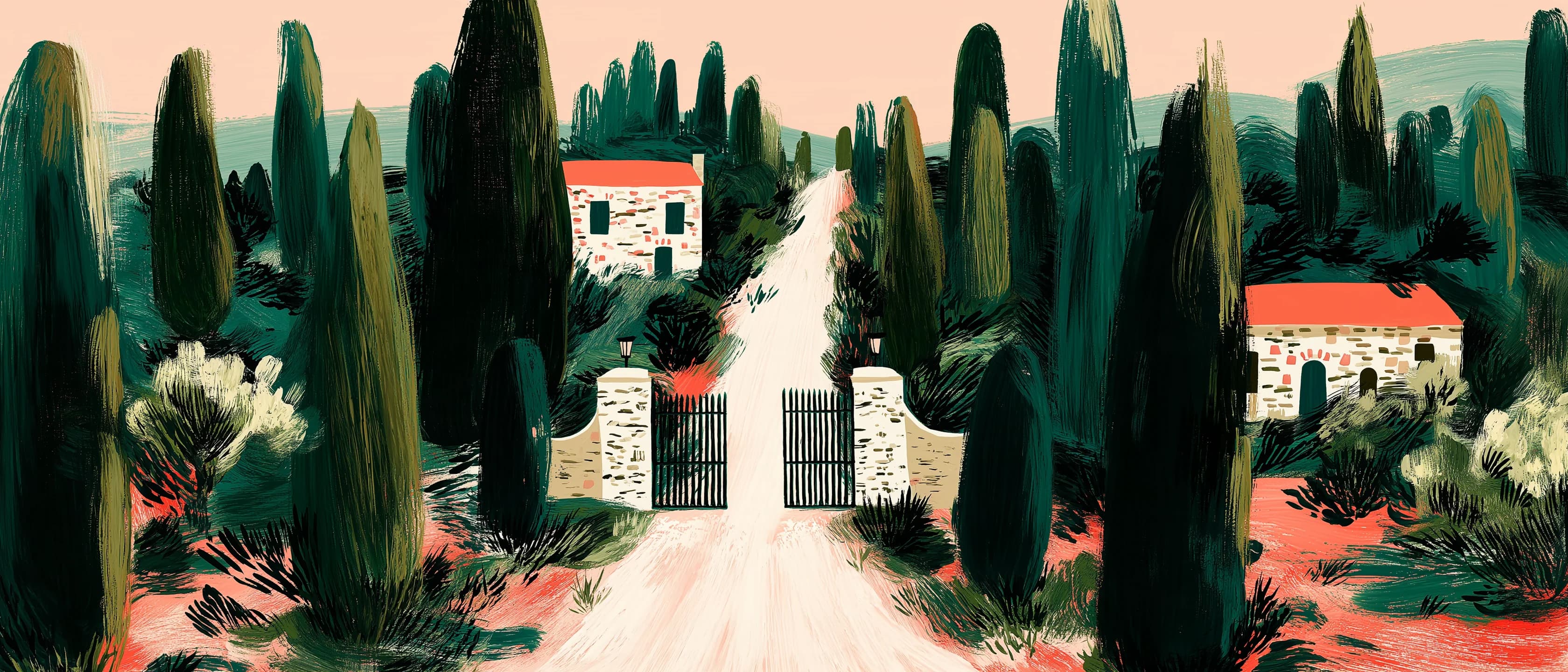 A painted gravel drive running up between cypresses to an open iron gate in a low stone wall, with tile-roofed farm buildings among the trees on either side.