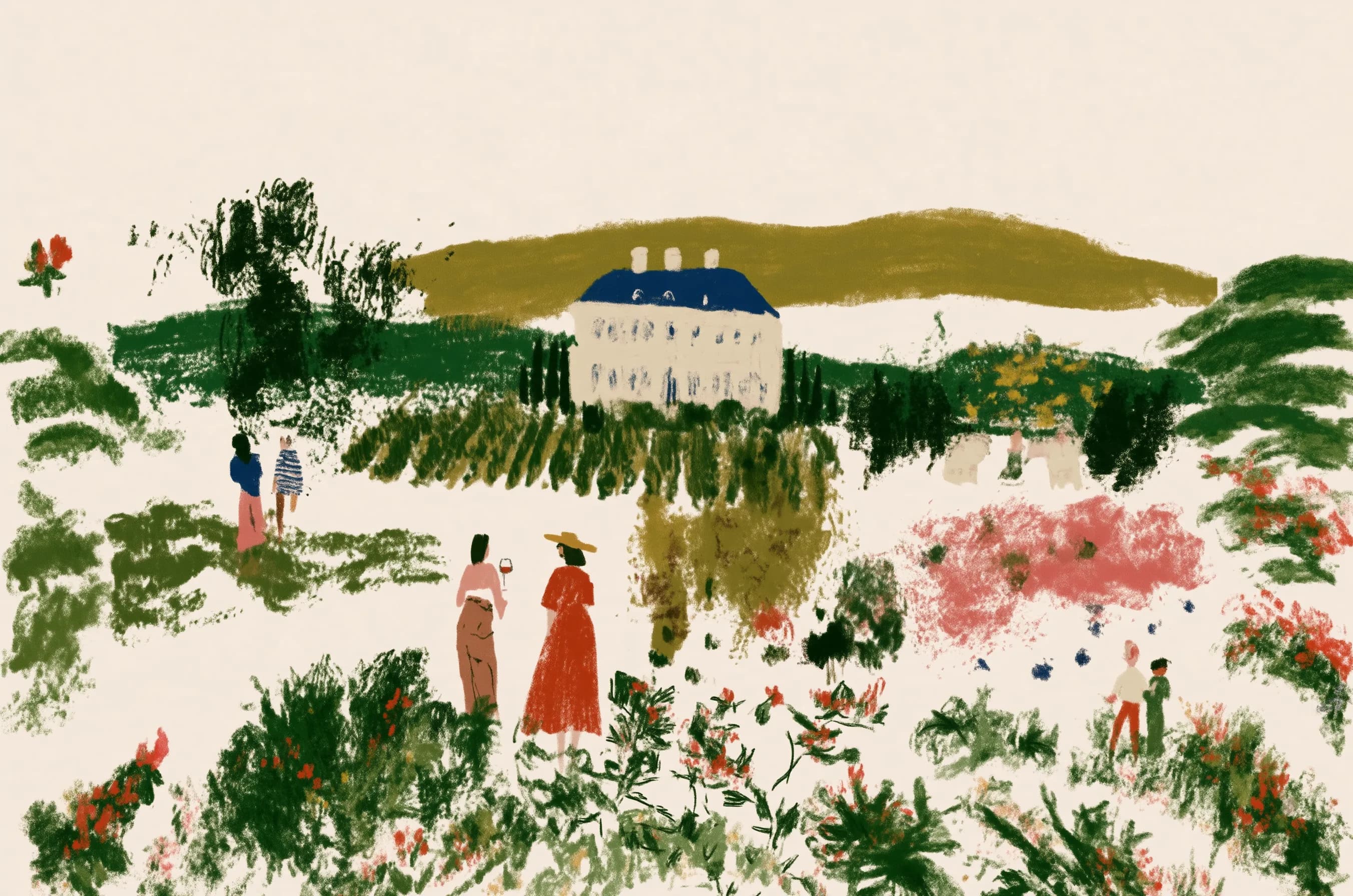 The Veloria estate house on the slope, with guests walking the flowering rows below the vineyard.