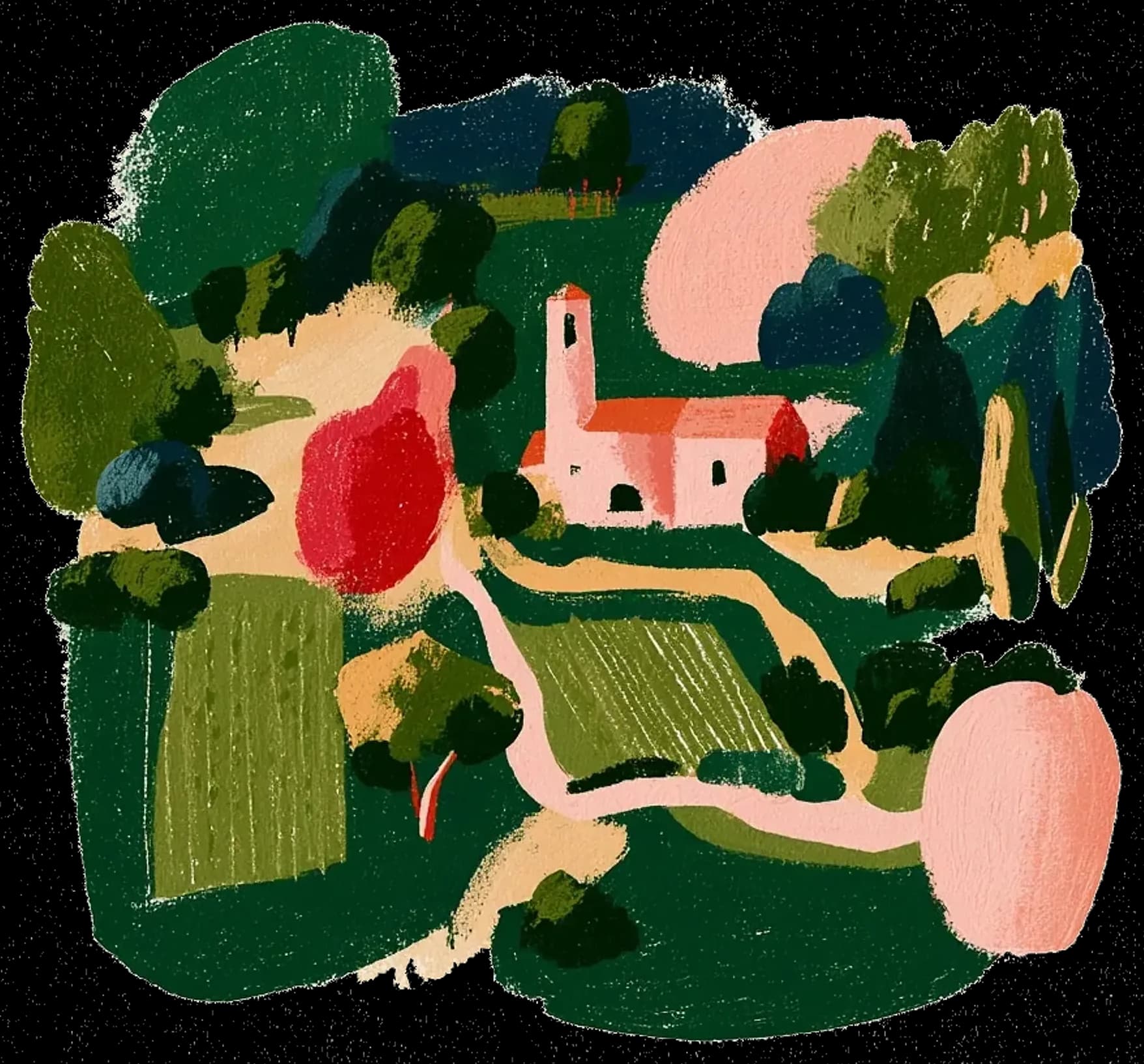 A painted aerial map of the estate: vineyard parcels in bands of green, the pale roads between them, and the family house with its tower near the centre.