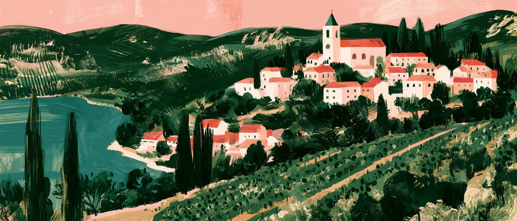A painted panorama: a hill village of pale houses with terracotta roofs and a church tower, cypresses down the slope, terraced vineyard rows in the foreground and a lake below the wooded hills.